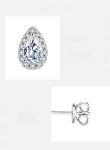 Detailed view of pear-shaped moissanite earrings in 925 silver with secure butterfly backs