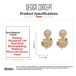 Detail of flower earrings featuring 14K gold plating, micro-set zircons and pearls