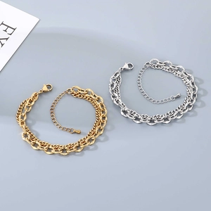 Double Layer Stainless Steel Bracelet Minimalist Cuban Link And Lip Chain Patchwork Adjustable Hip Hop Jewelry For Unisex