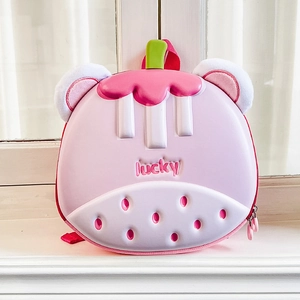 Pink cartoon eggshell backpack for kids featuring cute strawberry design and lucky text