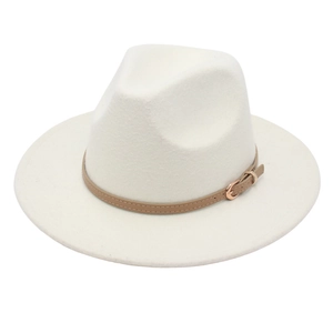 Chapeau fedora blanc élégant en laine avec ceinture en cuir kaki et boucle pour hommes
