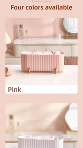 Pink desktop organizer with transparent dustproof lid and elegant gold feet detail