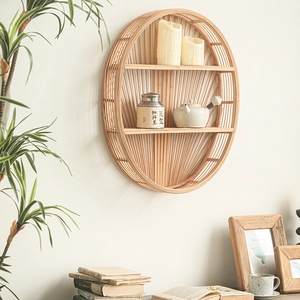 Bamboo Woven Wall Hanging Storage Shelf Natural Rattan Floating Display Rack Multi Tier Organizer Rustic Handmade Decor