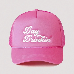 Pink Day Drinkin' trucker hat with mesh back and embroidered letters for outdoor sun shade