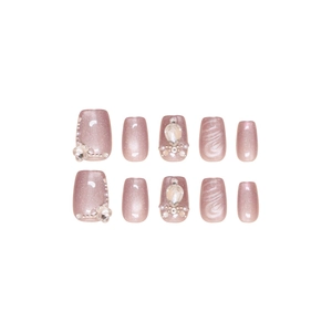 Pink purple cat eye press-on nails with 3D rhinestones and pearl accents in 10-piece set