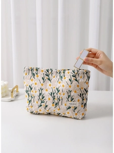 Tragbare Kosmetiktasche aus Baumwolle mit weißer Gänseblümchen-Stickerei und viel Platz