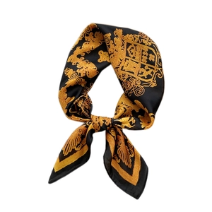 Elegant 70cm black and gold baroque silk satin square scarf with vintage luxury pattern