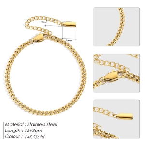 Macro detail of 14k gold plated stainless steel Cuban chain bracelet with dimensions