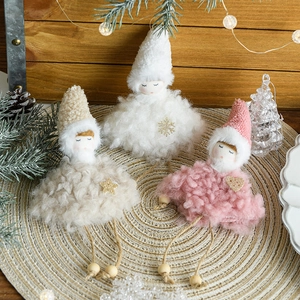 Three plush angel doll ornaments in beige, white and pink for Christmas tree decor