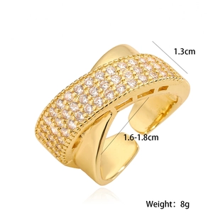 Gold plated 18K geometric cross ring with clear zircon stones and size specifications