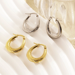 Twisted Texture Hoop Earrings Stainless Steel U Shaped Geometric Ribbed Arc Retro Fashion Minimalist Jewelry For Women