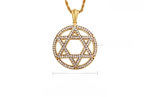 Detailed specs of 48mm gold hexagram pendant with zircon stones and 18K plating