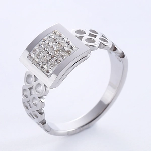 Elegant silver multilayer hollow stainless steel ring with square clear rhinestones