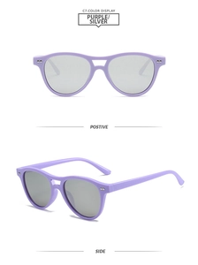 Detail view of purple double-bridge pilot sunglasses with silver lenses and metal rivets