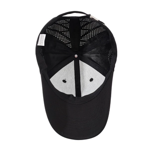 Black quick-dry sports cap with laser mesh vents and adjustable metal buckle