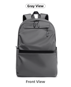 Front view of grey water-resistant laptop backpack with multi-zipper compartments