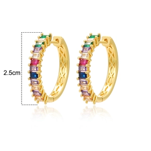 Minimalist golden rainbow hoop earrings with multi-color rectangular crystals 2.5cm