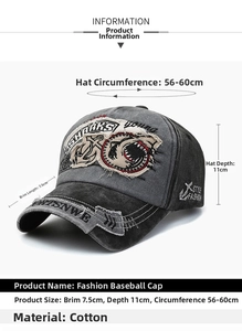 Detail view of cotton baseball cap showing 7.5cm brim and adjustable size parameters