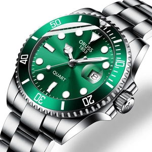 Men's waterproof quartz watch with green dial, silver metal strap and calendar feature