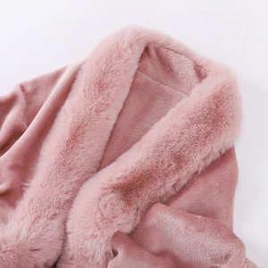 Close-up of pink faux fur collar detail showing soft flannel texture and plush finish