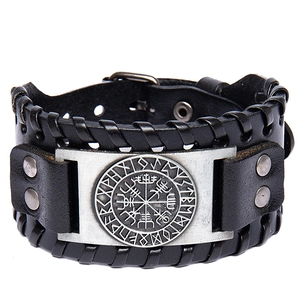 Viking compass leather bracelet with black horsehide band and silver metal plate charms