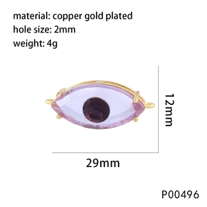 Detail of evil eye connector in gold-plated copper with purple zircon and size specs