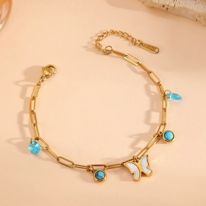 18k gold plated butterfly bracelet with blue turquoise and crystal charms for women