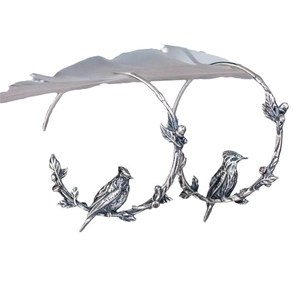 Vintage bird on branch hoop earrings in antique silver finish with leaf motifs
