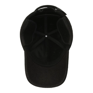 Winter wool baseball cap with ear flaps and adjustable metal buckle strap in black