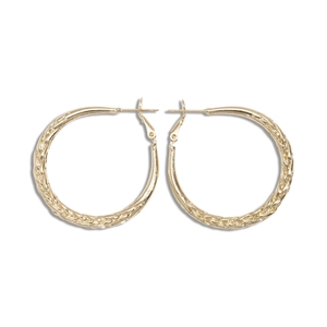 Golden geometric twisted hoop earrings with a textured weave design and hinged closure
