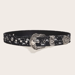 Vintage western black denim belt with sequins, eyelets and engraved silver buckle