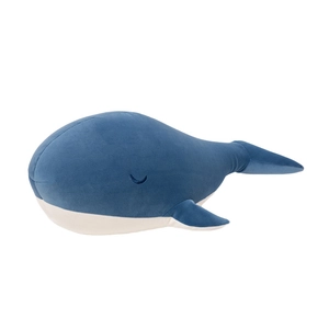 Cute dark blue plush whale pillow with white belly and soft short plush fabric