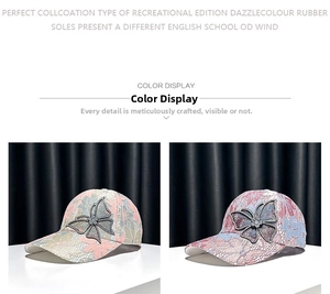Detail view of lace mesh baseball caps with floral patterns and rhinestone butterfly accents