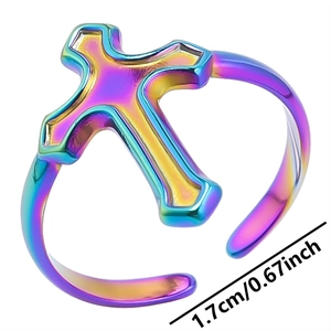 Macro detail of rainbow gradient cross open ring showing 1.7cm adjustable diameter