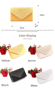 Detailed view of satin evening clutch with rhinestones and size dimensions in four colors