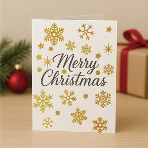 Christmas greeting card featuring gold glitter snowflakes and Merry Christmas script lettering