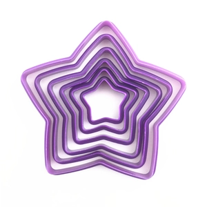 Detailed view of 5-piece purple star-shaped plastic cookie cutter set for DIY baking