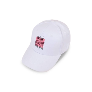 White Think Outside The Box baseball cap with pink graphic block on cotton fabric