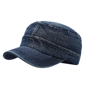 Vintage dark blue washed denim cadet cap for men and women with flat top military style