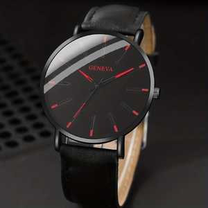Detail view of the sleek black watch face with vibrant red markers and Geneva logo