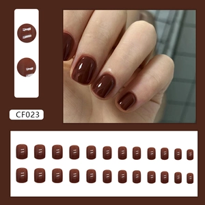 Glossy reddish brown press-on nails set in medium short square shape, 24 pieces