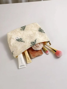 French retro cream cotton linen makeup bag with green plant embroidery and lace trim