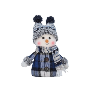 Blue and grey plaid Christmas snowman plush doll decoration with knit hat and scarf