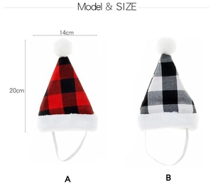 Detailed size comparison of red and black checkered plush pet Christmas hats for cats and dogs