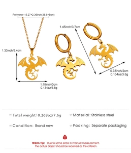 Detailed size chart of golden dragon necklace and earrings set in stainless steel