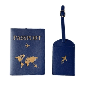 Navy blue PU leather travel set with world map passport cover and luggage tag