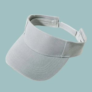 Detail view of adjustable velcro strap and premium stitching on grey sun visor hat