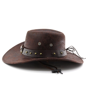 Detail of dark brown PU leather cowboy hat featuring metal rivets and adjustable chin strap