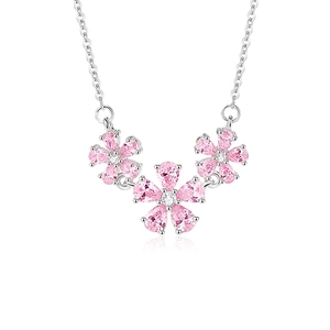Elegant S925 silver necklace featuring three pink zirconia peach blossoms on white background