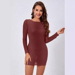 Slim fit burgundy long sleeve dress with sparkling silver rhinestones and open back design